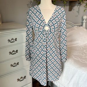 As U Wish Long Sleeve O Ring Dress Silky Blue Navy Mauve Print Womens Small New